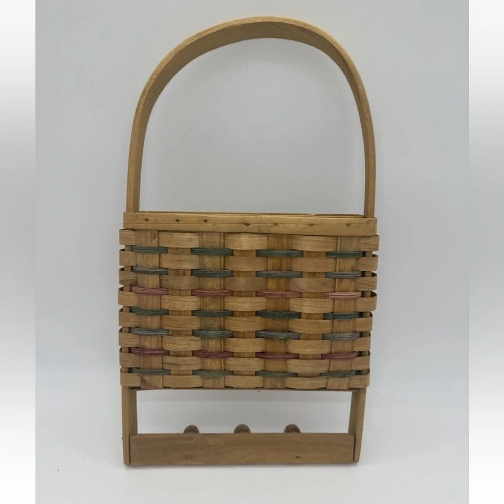 Vintage New England hand made wall hanging basket mail Color Weave Hooks Cottage